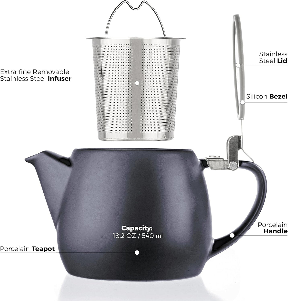 Tealyra - Pluto Porcelain Small Teapot Black - 18.2-ounce (1-2 cups) - Matte Finish - Stainless Steel Lid and Extra-Fine Infuser To Brew Loose Leaf Tea - 540ml