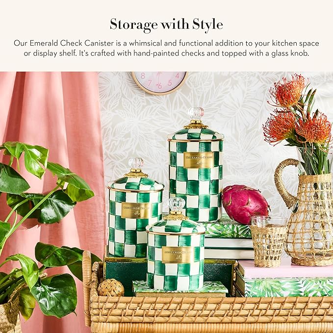 MACKENZIE-CHILDS Small Enamel Canister, Kitchen Storage Container with Lid, Green-and-White Emerald Check