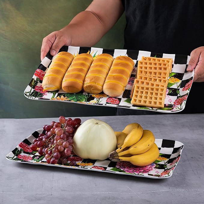 LEHAHA Rectangular Melamine Sunflower Serving Tray, 2-Piece Hydrangea Serving Platter Set, 17.5" x 10" Colorful Trays/Platters Sets for Outdoor and Indoor Dining and Entertaining Parties,Black Plaid
