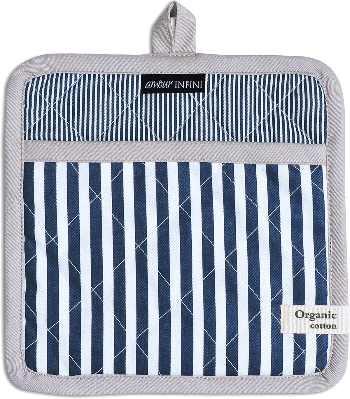 AMOUR INFINI Pot Holders Heat Resistant Cotton Set of 3 Nonslip 8"x8" Inch Hot Pads for Kitchen, BBQ, Baking & Cooking with Hanging Loops (Stripe Blue)