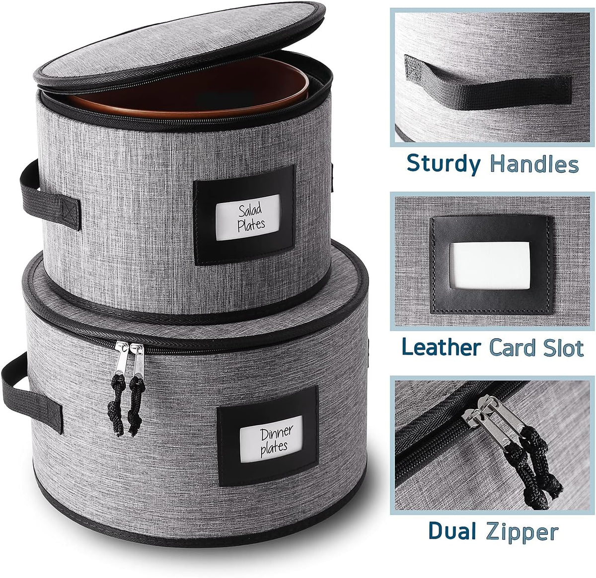Fine China Hard Shell Dish Organizer - 5 Piece Stackable Mug and Plate Storage Containers with Dividers for Moving and Seasonal Storage, Grey
