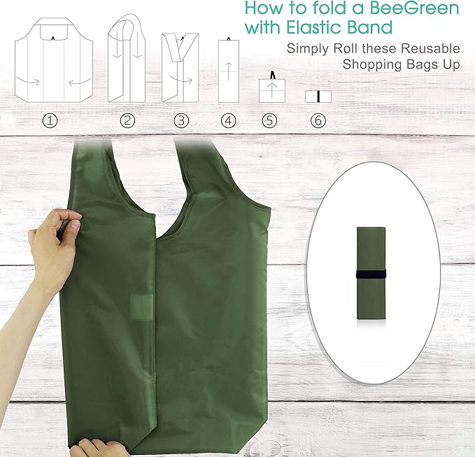 BeeGreen Dark Green Reusable Grocery Bags Bulk 10 Packs, Kitchen Reusable Shopping Bags 50LBS Large, Machine Washable Durable, Easily Foldable with a Storage Bag