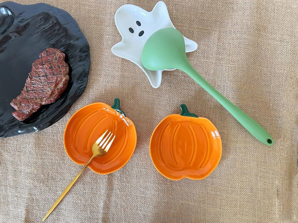 Ceramic Spoon Rest for Stove Top, Halloween Pumpkin Cute Spoon Rest for Kitchen Counter, Cooking Spoon Holder for Kitchen Counter, Utensil Rest Spatula Rest Ladle Holder Tong Rest (Orange)