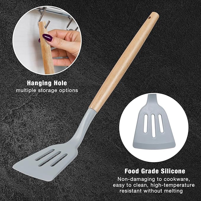 19 PCS Kitchen Cooking Utensils Set, 11 Pieces Silicone Cooking Utensils Set 6 Pieces Sharp Stainless Steel Gray Knife Set with 1 Piece Cutting Board, Ideal for Apartment