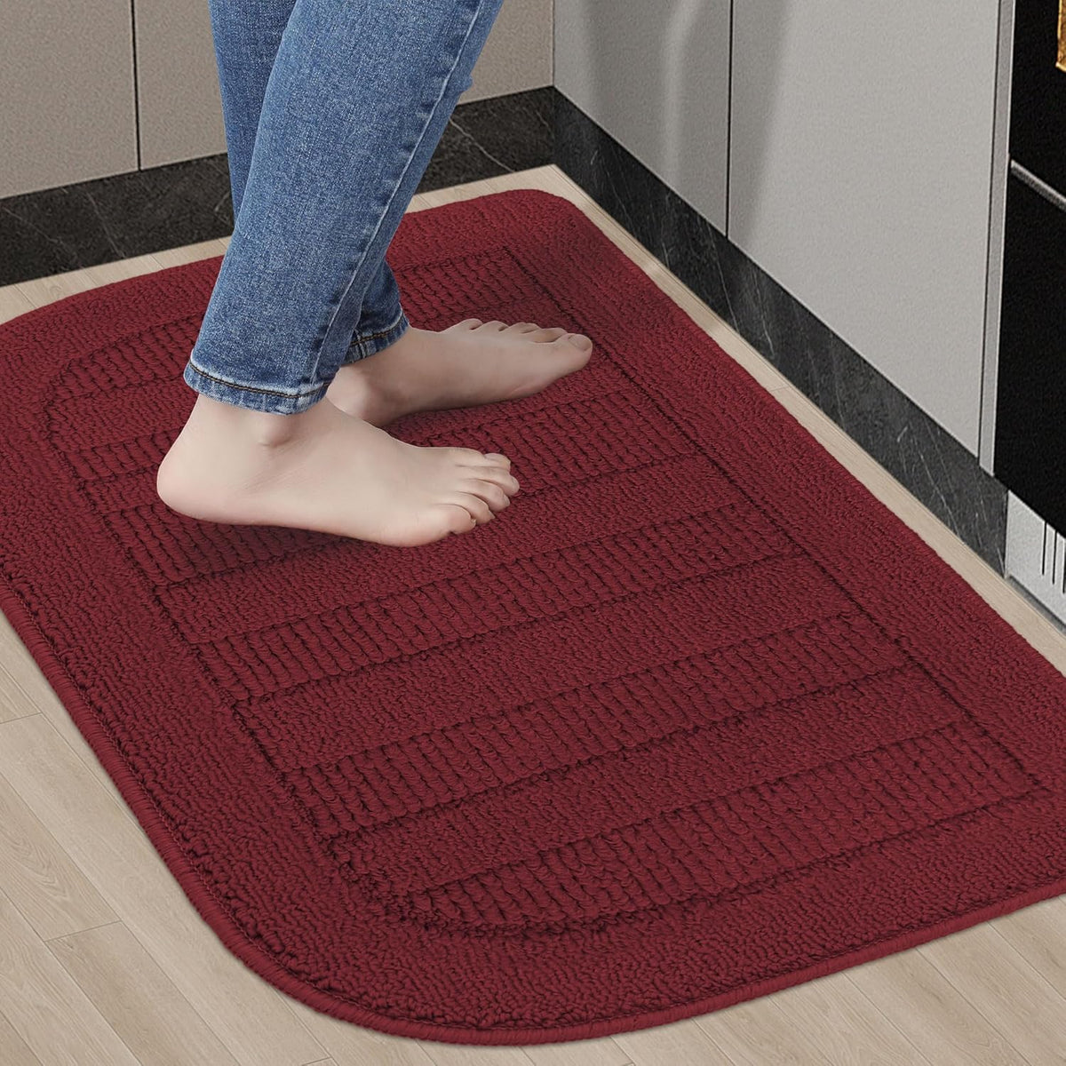 BEQHAUSE 30x18 Inch Kitchen Rug Mat Durable Kitchen Rugs Non-Slip Washable Absorbent Kitchen Mats for Floor Dirt-Resistant Semicircular Kitchen Mat (Red)