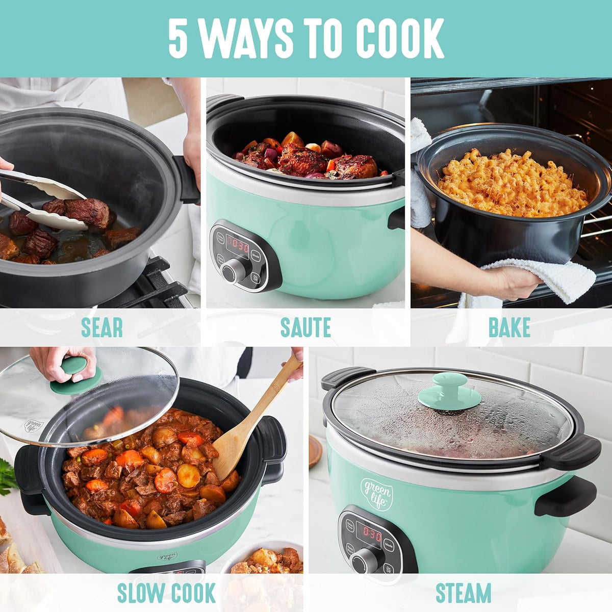 GreenLife 6 Quart Ceramic Slow Cooker, PFAS-Free, Programmable, Removable Healthy Nonstick Pot for Family Meals, Sear on Stovetop, Keep Warm, Digital Timer, Dishwasher Safe Glass Lid, Turquoise