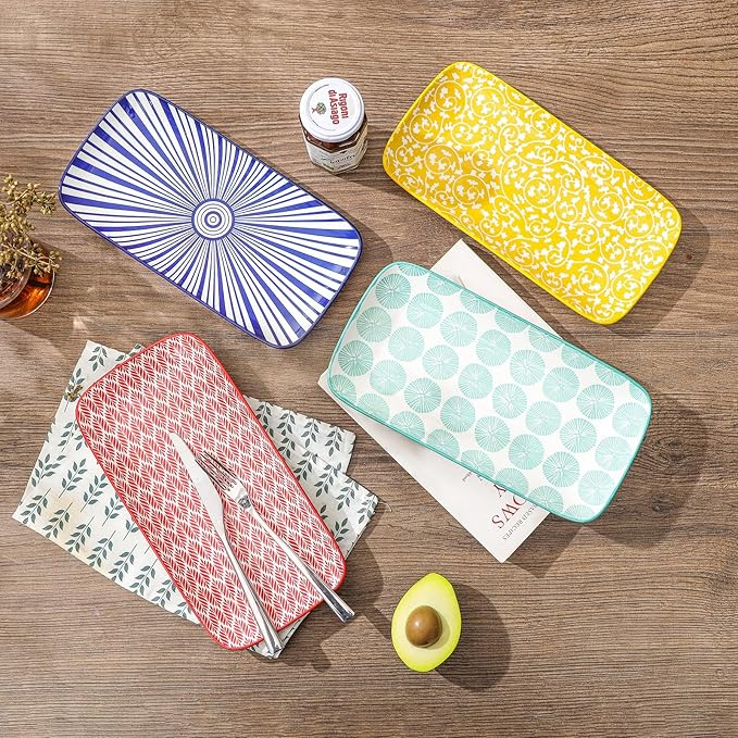 Selamica Ceramic Serving Platters, 14 Inch Serving Trays for Party Entertaining, Large Rectangular Serving Plates for Appetizer, Charcuterie, Dessert, Fruit, Set of 4, Assorted Colors