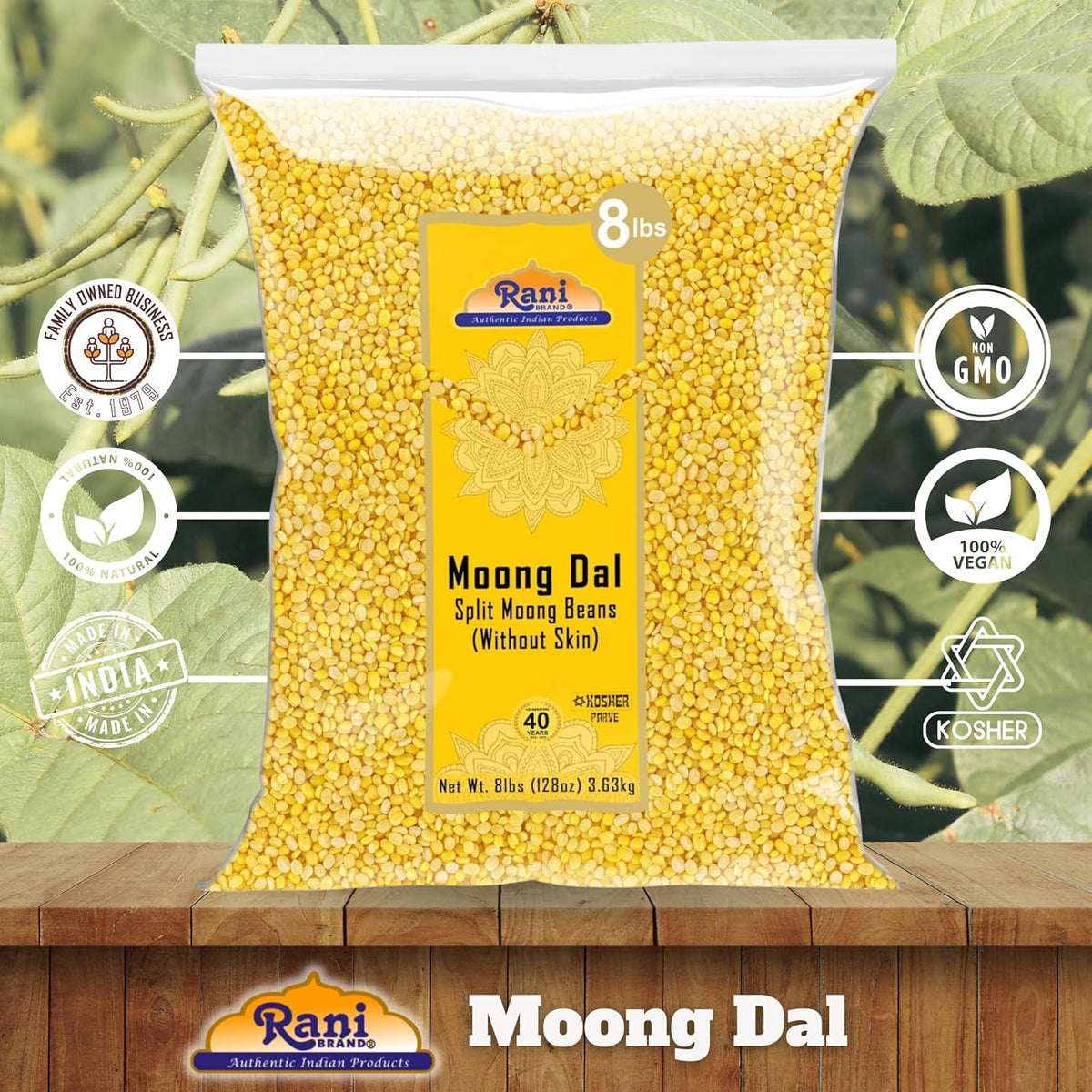 Rani Moong Dal (Split Mung Beans Without Skin) Lentils Indian 128oz (8lbs) 3.63kg Bulk ~ All Natural | Gluten Friendly | Non-GMO | Kosher | Vegan | Indian Origin