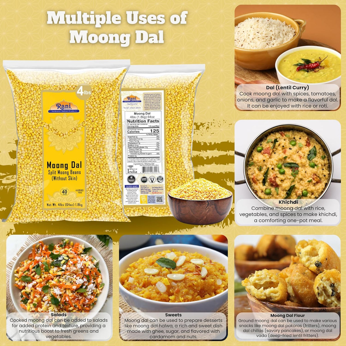 Rani Moong Dal (Split Mung Beans Without Skin) Lentils Indian 64oz (4lbs) 1.81kg Bulk ~ All Natural | Gluten Friendly | Non-GMO | Kosher | Vegan | Indian Origin