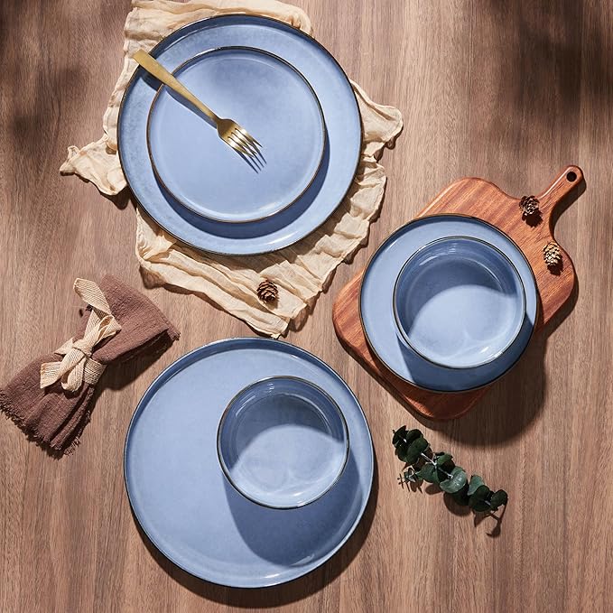 E-far 12-Piece Reactive Glaze Dinnerware Sets, Ceramic Dishes Set for 4, Stoneware Plates and Bowls Dinning Ware, Microwave & Dishwasher Safe - Ocean Blue