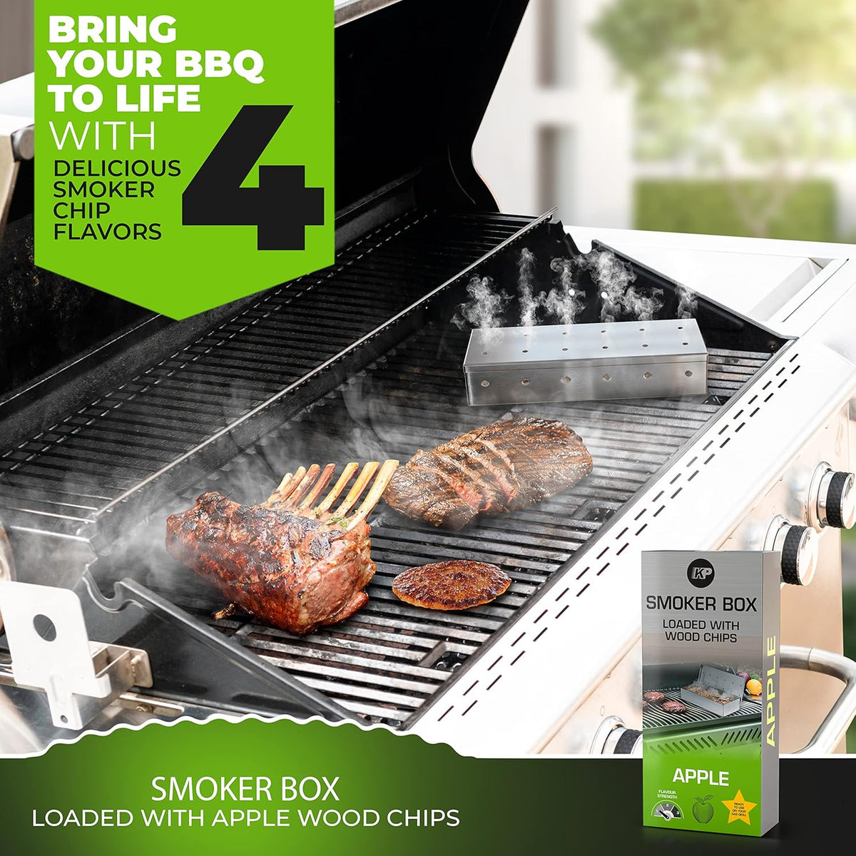 KITCHEN PERFECTION Smoker Box For Gas Grill - Bbq Wood Chip Smoker Box Pre-Filled with Apple Wood Chips -Adds Delicious Smokey Flavor on Propane & Pellet Grill