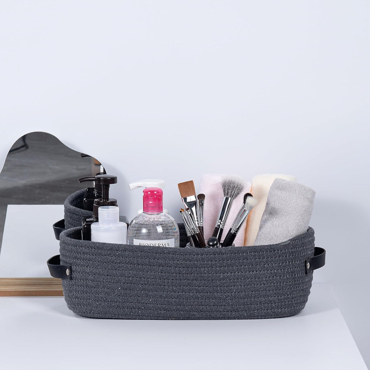 Cotton Rope Toilet Paper Holder Basket with Handle, Home Decor Organizing Small Baskets, Nursery Basket 13"x5.9"x4" Dark Gray