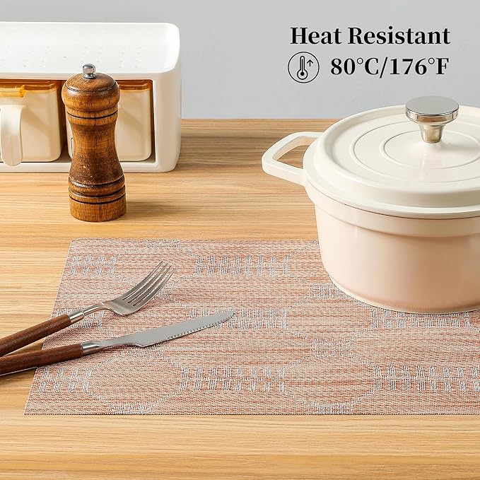 Leetaltree Coral Placemats Set of 6 - Heat Resistant Non-Slip Place mats for Dining Table, Washable Durable PVC Vinyl Woven Table Mats（Coral, 6）