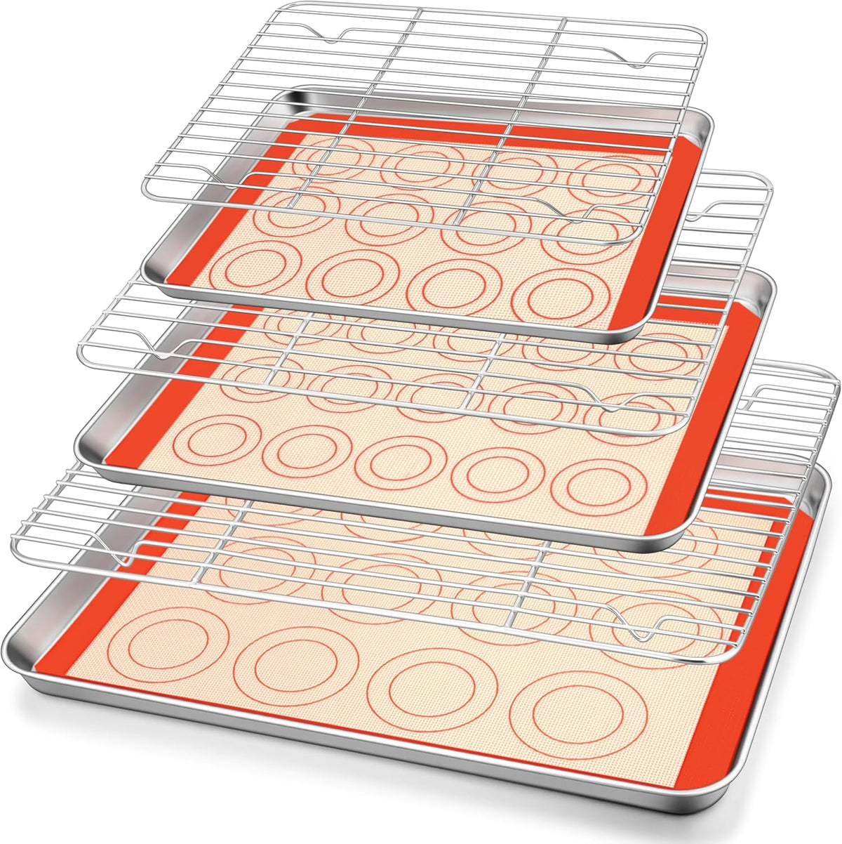 TeamFar Baking Sheet Set - Stainless Steel Baking Sheet Pan with Cooling Rack & Silicone Baking Mat, 10.5/12.5/16inch Cookies Sheets for Oven Baking (3 Sheets + 3 Racks + 3 Mats), Easy Clean