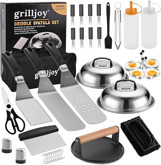 grilljoy Professional Griddle Accessories Kit Set with Smash Burger Press - Extra Thick Grill Spatula, Turner, Flipper - 38PCS Flat Top Grill Tools Kit for Outdoor Barbecue Teppanyaki Camping Cooking