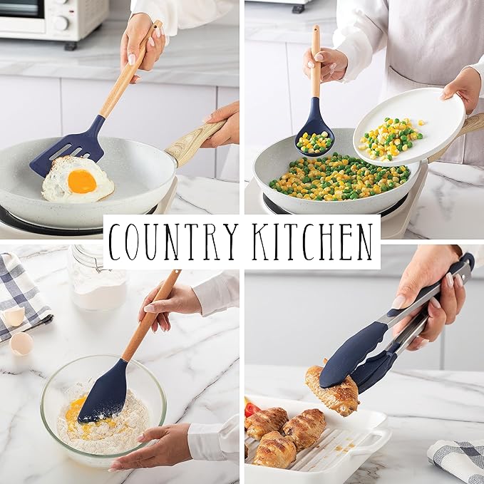 Country Kitchen Non Stick Silicone Utensil Set with Rounded Wood Handles for Cooking and Baking, 38 Piece Set, Navy