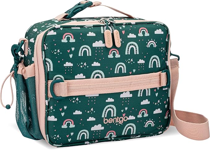 Bentgo Kids Lunch Bag - Durable, Double-Insulated Lunch Bag for Kids 3+; Holds Lunch Box, Water Bottle, & Snacks; Easy-Clean Water-Resistant Fabric & Multiple Zippered Pockets (Green Rainbow)