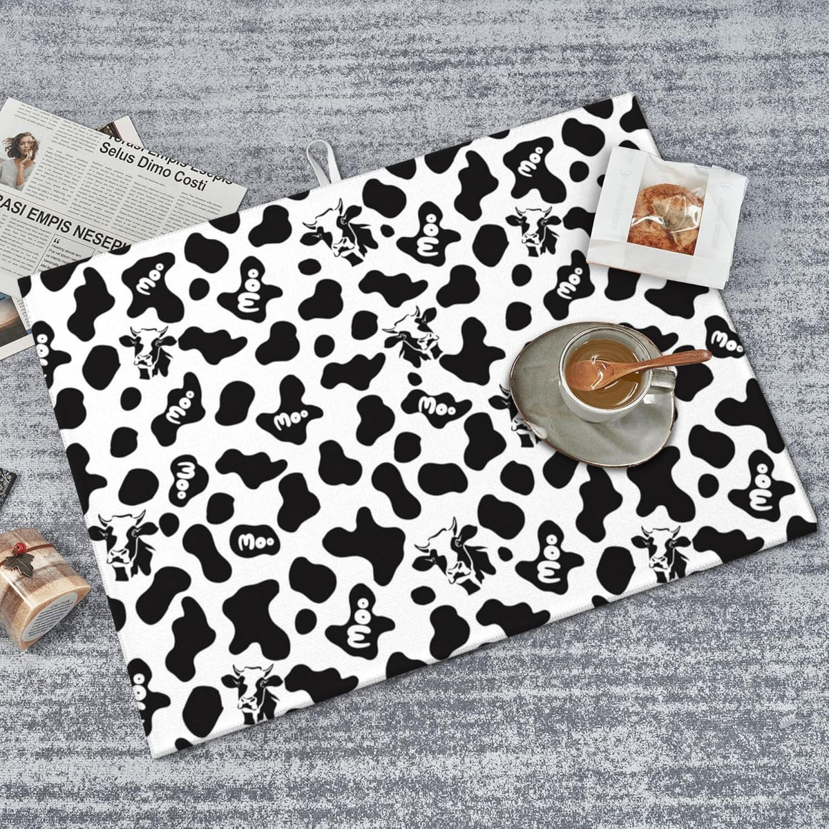 Black White Dish Drying Mat for Kitchen Counter 18"x24" Cow Print Dishes Pad Dish Drainer Rack Mats Microfiber Washable Absorbent Kitchen Decor