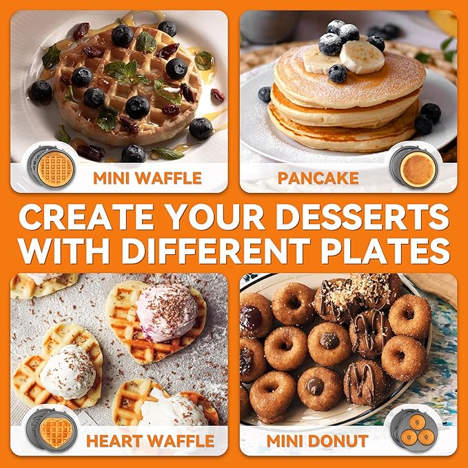 Baker's Friend 4 in 1 Mini Waffle Maker with Removable Plates, Set Includes Mini Pancake, Donut, Heart Shape Waffle Makers, Compact Size, Recipe Included, Blue