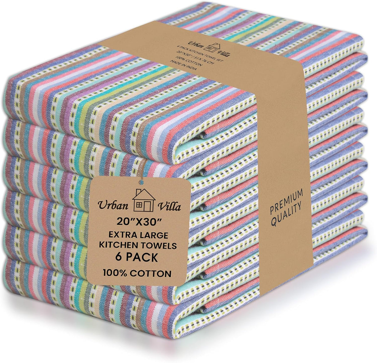 Urban Villa Kitchen Towels Blue Multi Dobby Stripes Premium Quality 100% Cotton Dish Towels Mitered Corners Ultra Soft (Size: 20x30 Inches) Highly Absorbent Bar & Tea Towels (Set of 6)