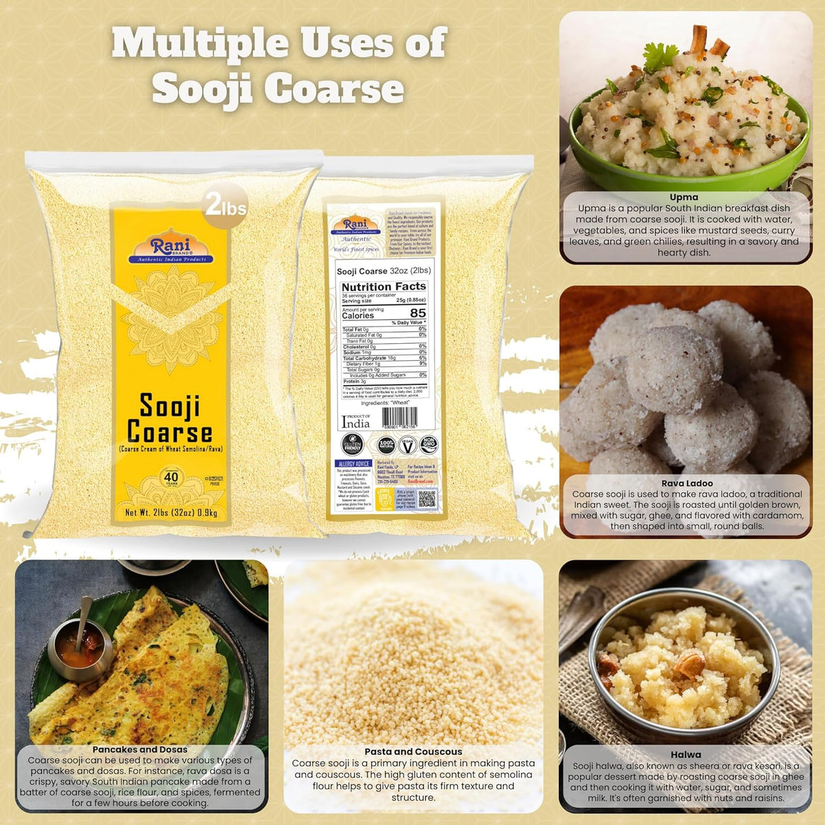 Rani Sooji Coarse (Farina, Suji, Rava, Rawa, Wheat Semolina) Flour 32oz (2lbs) 908g ~ All Natural | Vegan | NON-GMO | Kosher | Indian Origin