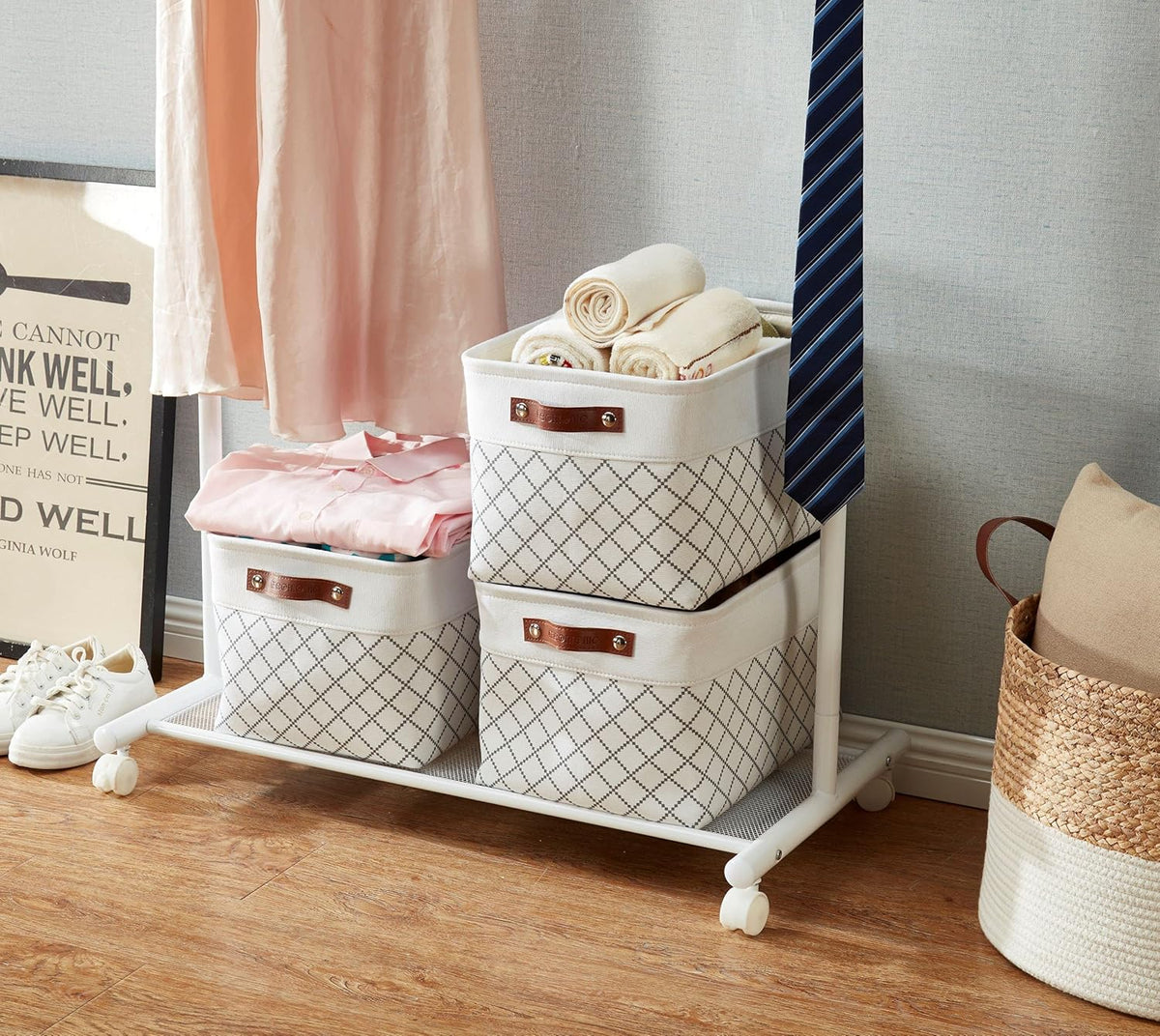 DECOMOMO White Storage Bins Fabric Storage Baskets for Shelves, Linen Closet Organization Toys Nursery (White Check, Large - 3 Pack)