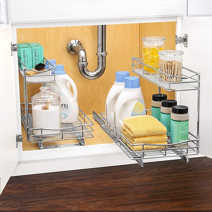 LYNK PROFESSIONAL® Pull Out Under Sink Kitchen Cabinet Organizer - 11.5 in. x 21 inch deep Drawer - Sliding Shelf Organizer for Cabinets and Undersink Storage Shelves - Lifetime Ltd. Warranty – Chrome