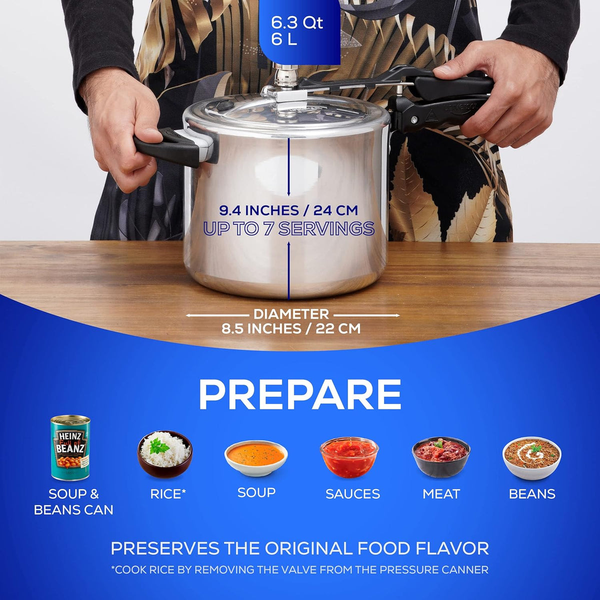 Universal (6.3 Quart / 6 Liter) Pressure Cooker, 7 Servings, Aluminum Pressure Cooker With Multiple Safety Systems and Heat Resistant Handles For Stews, Soup, Meat, and Beans