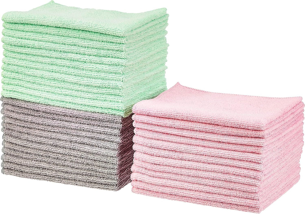 Amazon Basics Microfiber Cleaning Cloths, Non-Abrasive, Reusable and Washable, Pack of 36, Green/Gray/Pink, 16" x 12"
