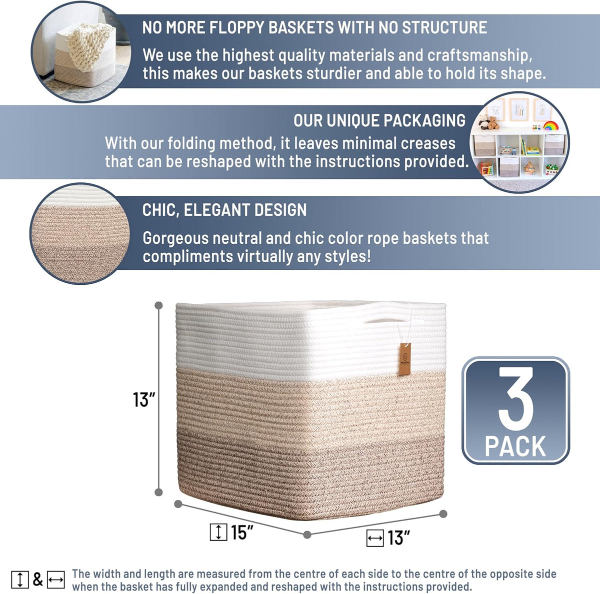 NaturalCozy 13x15x13 Kallax Storage Cubes Bins, 3 Pack | Cotton Rope Cube Storage Bin Woven Baskets for Organizing | Kallax Insert Storage Baskets for Shelves Organizer, Kids Toy, Closet Baby Nursery