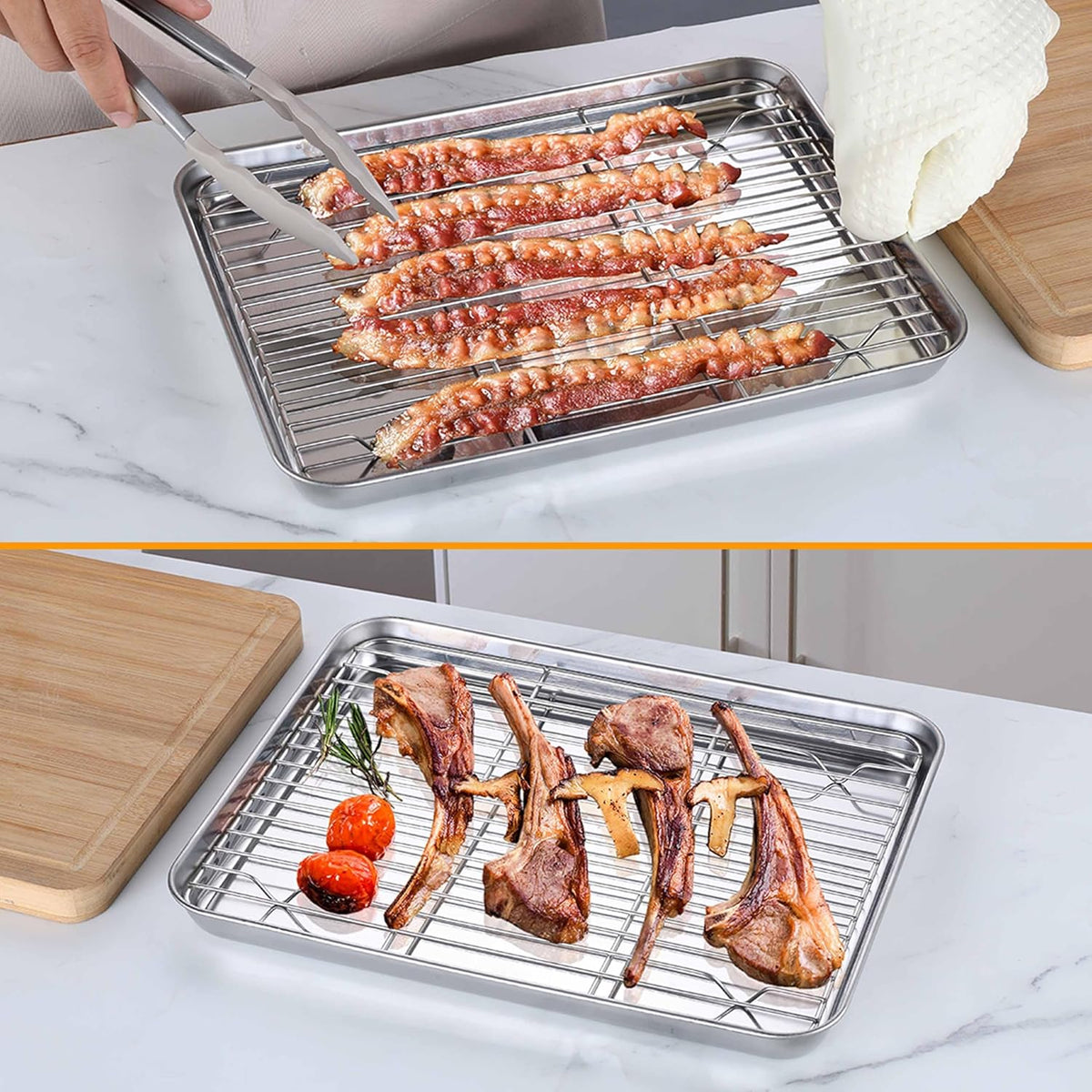 Homikit Baking Sheet with Rack, 9x13 Stainless Steel Quarter Sheet Pan with Wire Cooling Rack Set for Toaster Oven Roasting, Metal Bacon Cookie Trays Nonstick & Rust Free, Dishwasher Safe