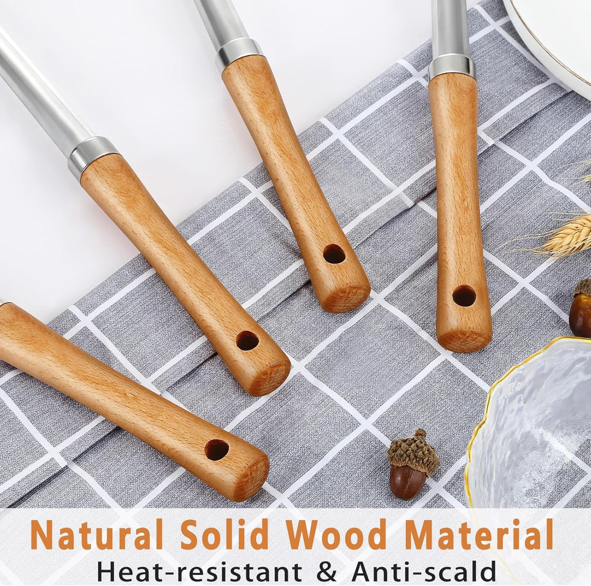 Pleafind 4-Pcs Cooking Utensils Set, Stainless Steel Kitchen Utensils with Wooden Hanlde, Kitchen Essentials Set Include Wok Ladle, Slotted Spoon, Wok Spatula and Slotted Spatula, Dishwasher Safe