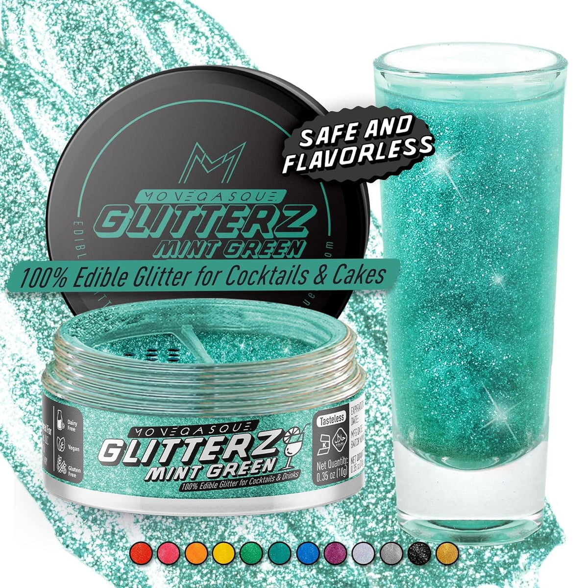 MONÉGASQUE Mint Green Edible Glitter for Drinks 10g – Edible Glitter for Cakes & Cocktails – Green Food Coloring Spray for Cake Decorations – Halloween Cocktail Drink Shimmer Powder – Cake Sprinkles