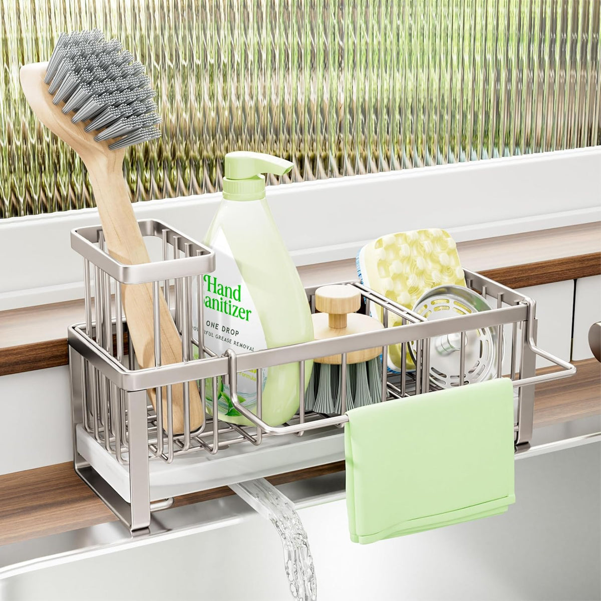 SWTYMIKI Sponge Holder for Kitchen Sink - Sink Caddy with Brush Holder Self-draining Sponge Caddy Organizer with Divider Stainless Steel Kitchen Accessories Storage for Countertop, Sand Nickel
