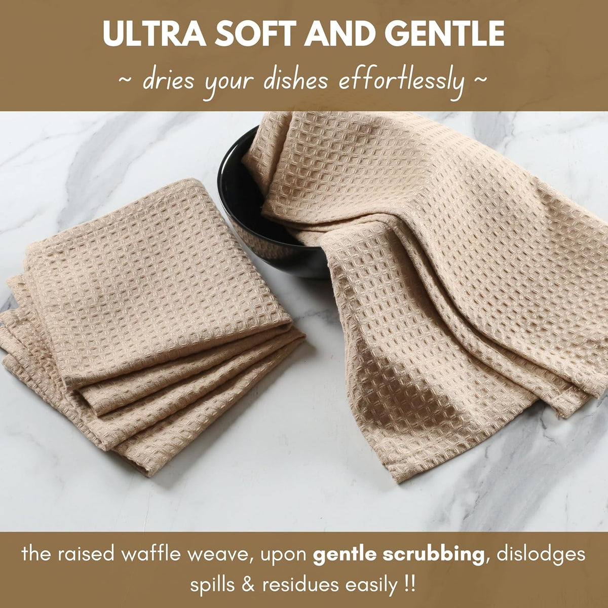 Native Fab Cotton Kitchen Towel with Hanging Loop 16x26 inches, 6-Pack, Waffle Weave Kitchen Towels for Cleaning Drying, Washcloths Soft & Absorbent Cloth Rags, Bar Towel, Dish Cloth, Beige