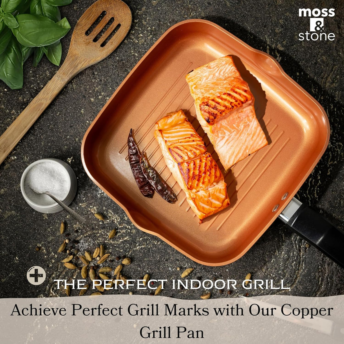 Moss & Stone Square Grill Pan For Indoor Cooking, 9.5In Frying Pan Copper Non-Stick Saute Fry Pan, Induction Copper Pan for Meats & Vegetables, Aluminum Griddle Nonstick Stove Top Grill Pan