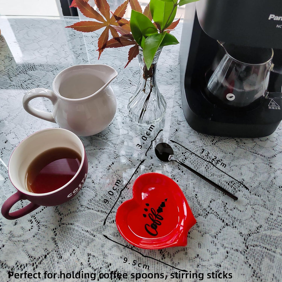Heart-shaped Coffee Spoon Rest, Mini Coffee Spoon Holder, Small Ceramic Spoon Rest for Coffee Stirrers, Teaspoon, Bar Spoon, Coffee Bar Accessories, Coffee Station (Red+black spoon)