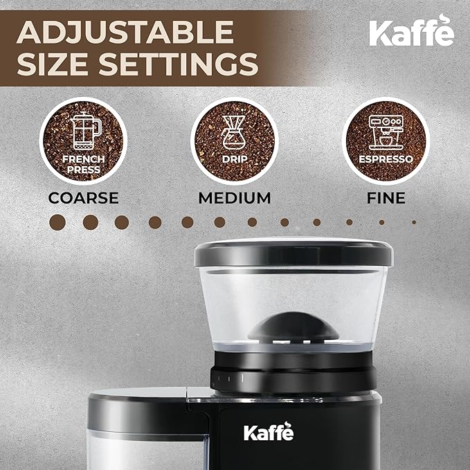 Kaffe Electric Burr Coffee Grinder (5.5oz) w/Adjustable Coarseness Settings - Flat Burr - [New Upgraded Motor ] - Precision Coffee Bean Grinder for Home Use - Black