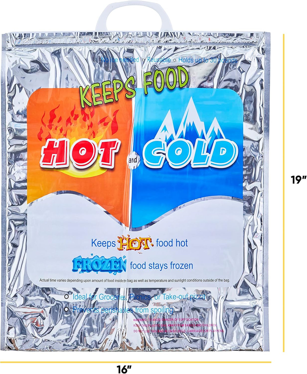 Superio Hot and Cold Insulated Bags for Food Delivery, Grocery Shopping Bags, Food Storage for Hot and Frozen Food for Travel, Disposable Cooler Bag, Reinforced Thermal Lunch Bag (6, 16"x5.5"x19")