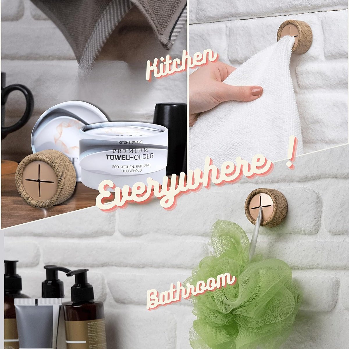 HEFA Towel Hooks, 8 Pack, Kitchen Organization, Modern Design, Plastic, Polished, Wall Mount, Storage Hook
