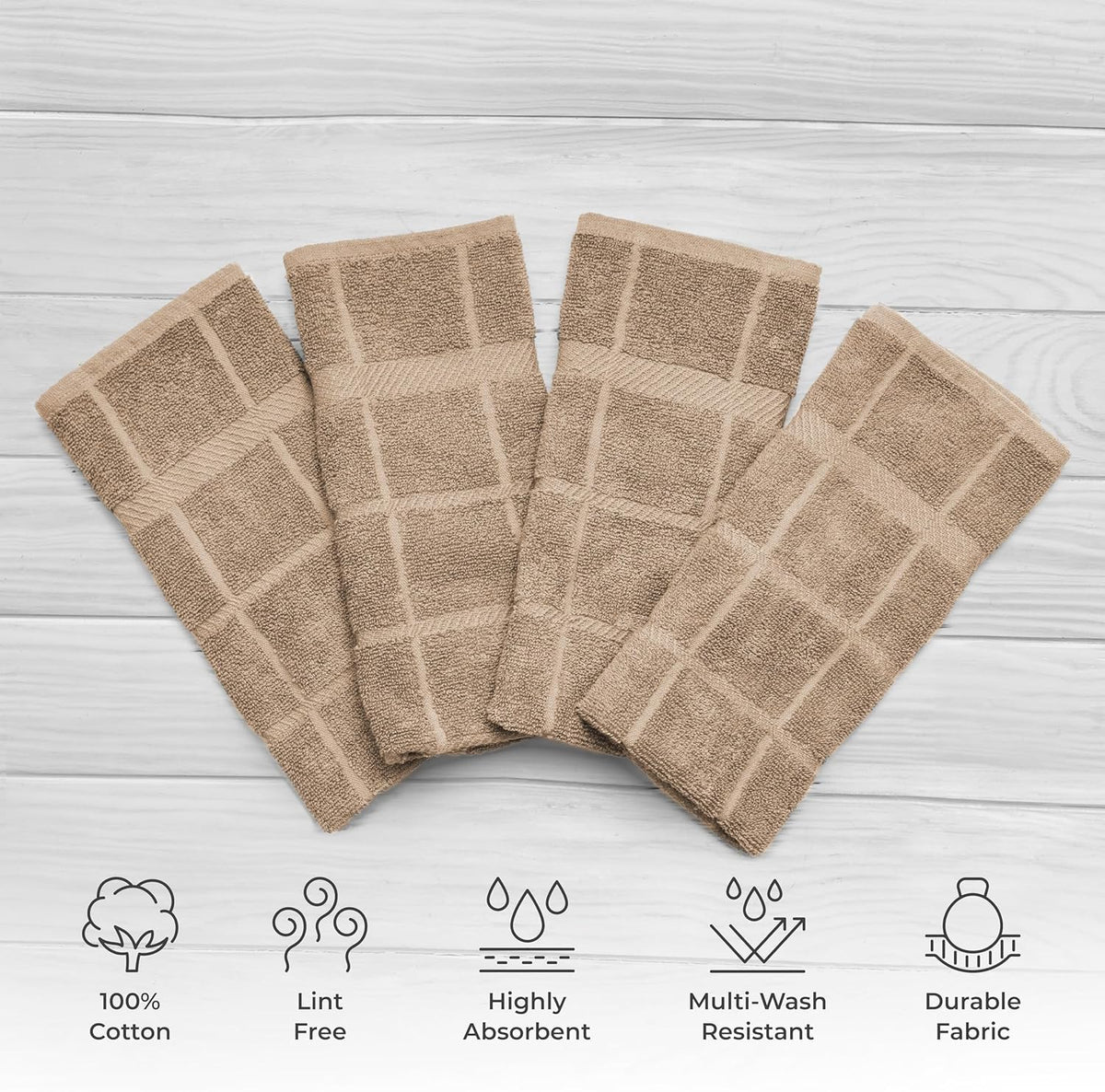 100% Cotton Terry Dish Towels, 4 Pack Plain, 16 x26 Inches, Super Soft and Absorbent Kitchen Towels, Perfect for Kitchen Cleaning and Dish Washing | Tan