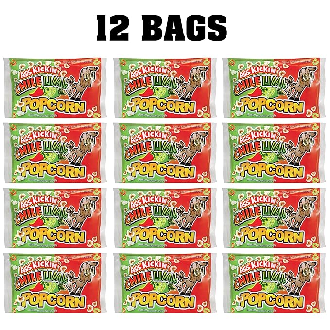 ASS KICKIN' Chile Lime Microwave Popcorn Bags - 12 Pack - Ultimate Spicy Popcorn Gourmet Gift - Makes a Great Movie Theater Popcorn or Snack Food for Movie Night