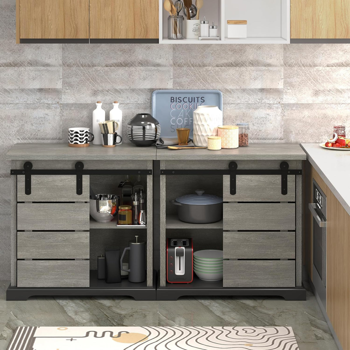 NSdirect Sideboard Coffee Bar Cabinet,Modern Farmhouse Buffet Station Sliding Barn Door Storage Credenza Console with Slat and Shelf Entryway Storage Cabinet Kitchen Dining Living Room, White