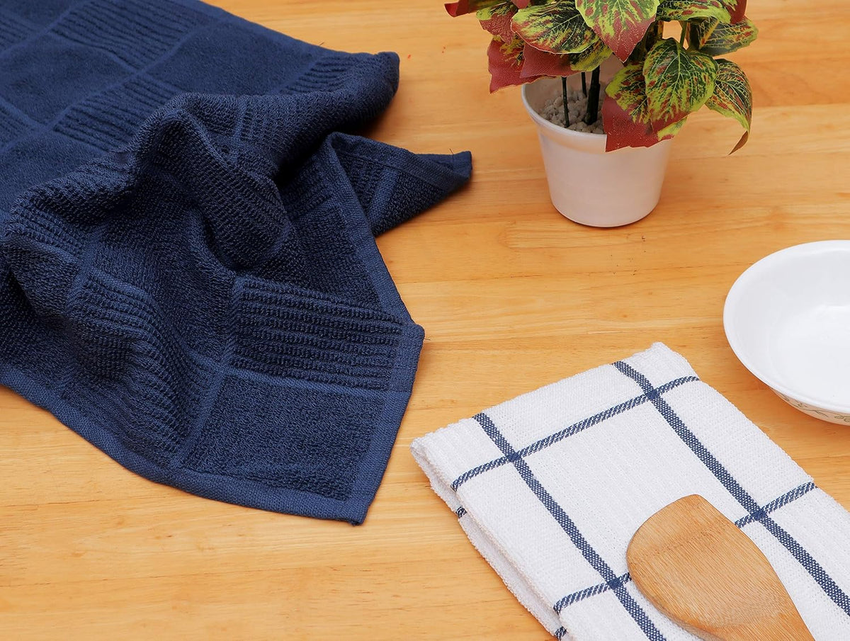 AMOUR INFINI Kitchen Towels Pack of 4 Absorbent, Quick Drying Premium Terry Cotton Dish Towel with Hanging Loop 16x28 Inch Hand & Tea Towels (Blue)