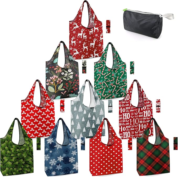 BeeGreen Christmas Reusable Grocery Bags 10 Pack Reusable Shopping Bags Bulk Christmas Gifts Tote Bags with Zipper Storage Pouch Elastic Band Foldable-Machine Washable