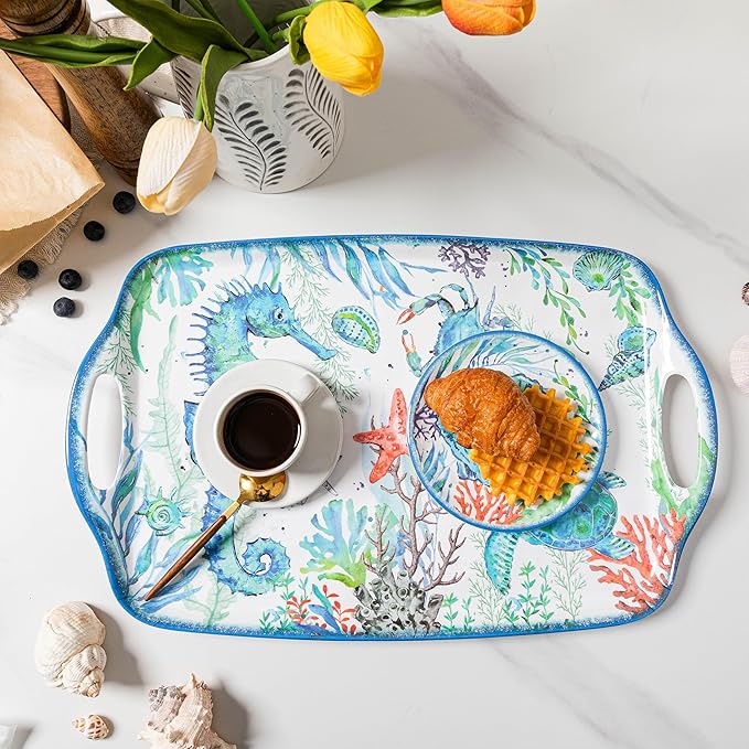 LEHAHA Serving Tray with Handles, Large Rectangular Melamine Serve Platter for Serve Food, Set of 2, 19 x 12 inch,Unbreakable Food Platter for Coffee Table, Ottoman Tray for Bedroom, Living Room.