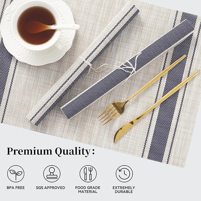 Leetaltree Khaki-Blue Placemats, Heat Resistant Non-Slip Place mats for Dining Table, Washable Durable PVC Vinyl Woven Table Mats (Set of 8)