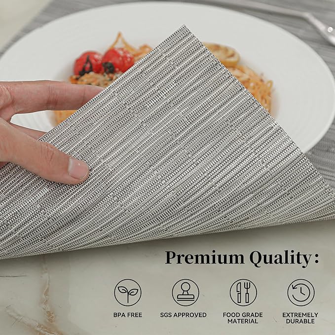 Leetaltree Silver Placemats Set of 6 - Heat Resistant Non-Slip Place mats for Dining Table, Washable Durable PVC Vinyl Woven Table Mats（Silver, 6）