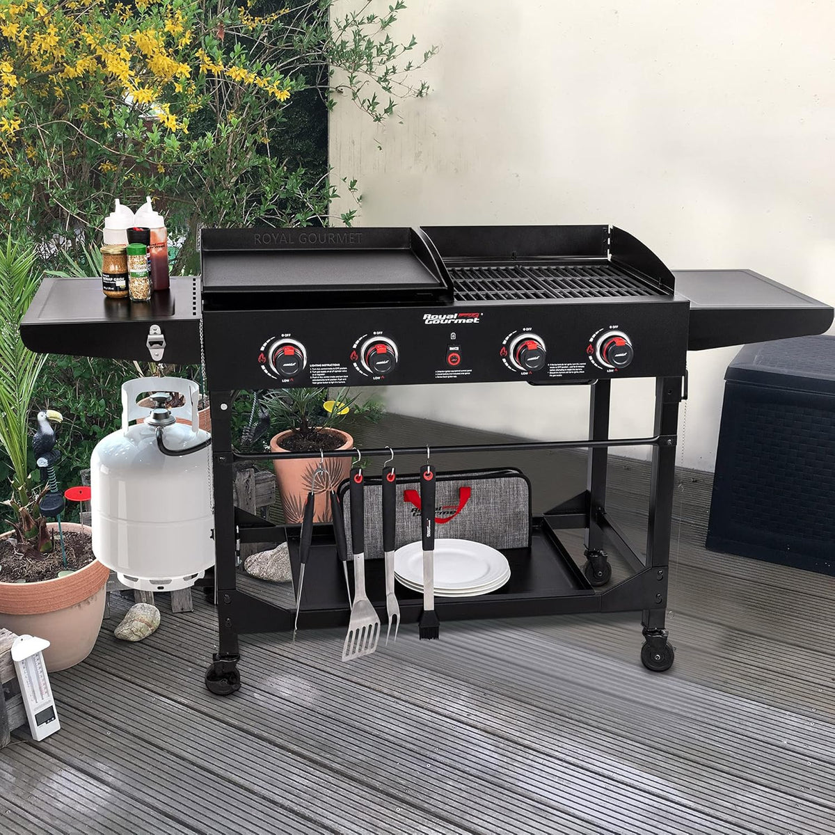 Royal Gourmet GD402 4-Burner Propane Gas Grill and Griddle Combo with Foldable Legs, 48,000 BTUs, Portable Griddle Grill Combo for Outdoor Cooking While Camping or Tailgating, Black
