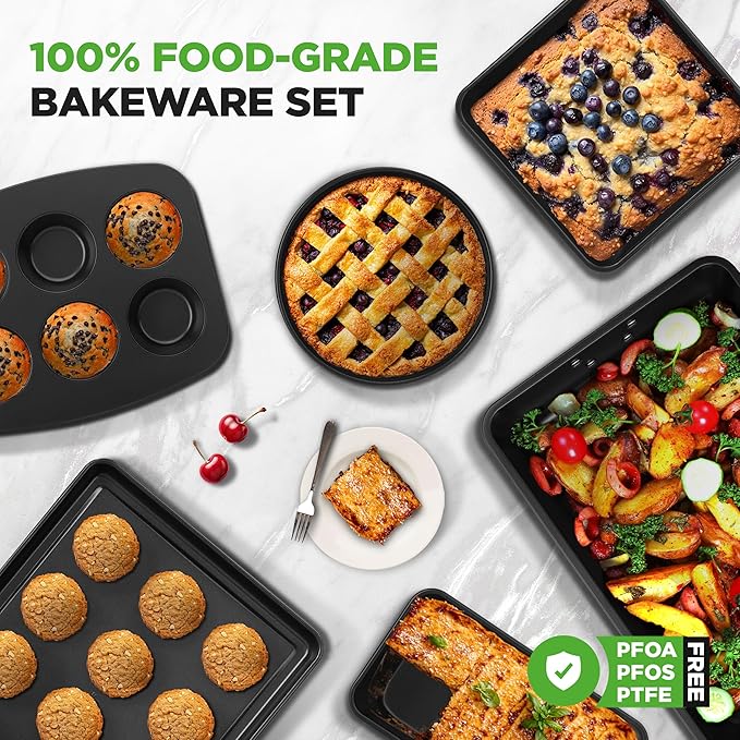 NutriChef 8-Piece Nonstick Stackable Bakeware Set – Non Toxic Carbon Steel Baking Trays W/Cookies Sheet Muffin, Loaf, Cake, Round & Square Pan – Easy To clean & Easy to Release, Oven Safe – Gray